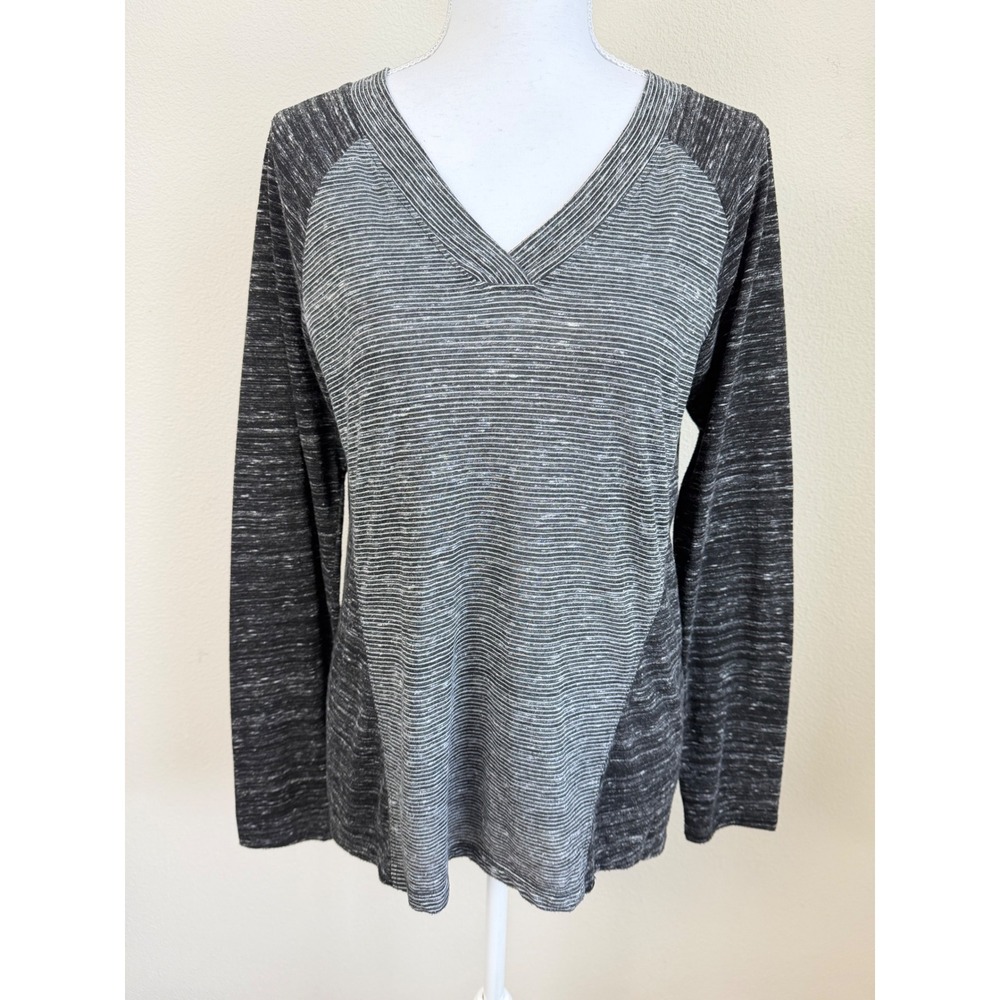 PrAna Women Top S Grey Striped V-Neck Split Tulip Back Outdoor Sustainable USA